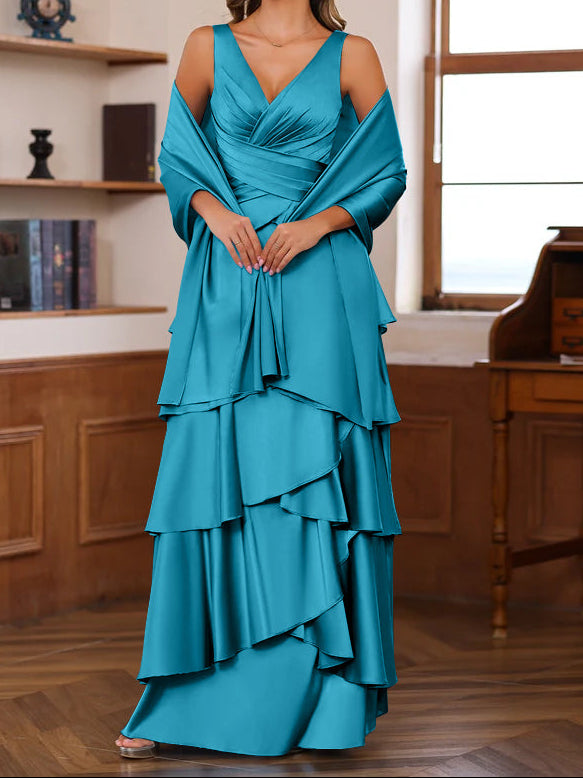 A-Line/Princess V-Neck Sleeveless Floor-Length Mother of the Bride Dresses With Ruffles & Wrap