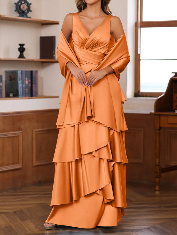 A-Line/Princess V-Neck Sleeveless Floor-Length Mother of the Bride Dresses With Ruffles & Wrap
