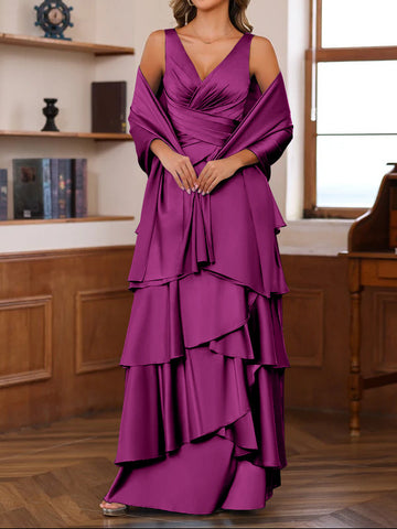 A-Line/Princess V-Neck Sleeveless Floor-Length Mother of the Bride Dresses With Ruffles & Wrap