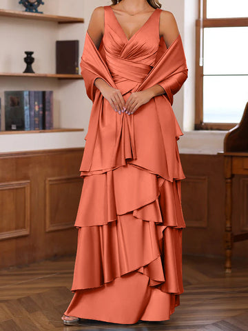 A-Line/Princess V-Neck Sleeveless Floor-Length Mother of the Bride Dresses With Ruffles & Wrap