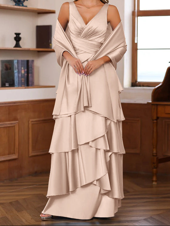 A-Line/Princess V-Neck Sleeveless Floor-Length Mother of the Bride Dresses With Ruffles & Wrap