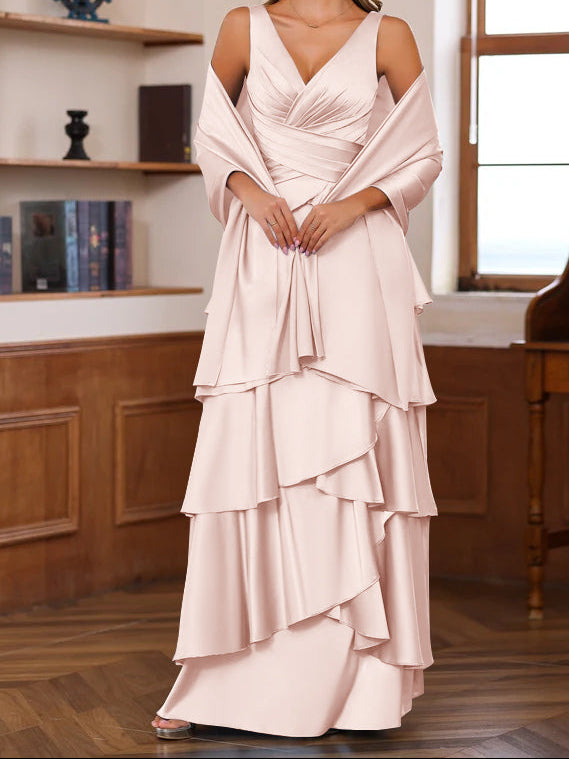 A-Line/Princess V-Neck Sleeveless Floor-Length Mother of the Bride Dresses With Ruffles & Wrap