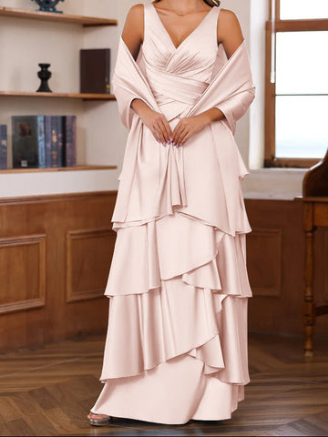 A-Line/Princess V-Neck Sleeveless Floor-Length Mother of the Bride Dresses With Ruffles & Wrap