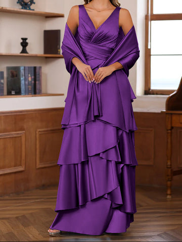 A-Line/Princess V-Neck Sleeveless Floor-Length Mother of the Bride Dresses With Ruffles & Wrap