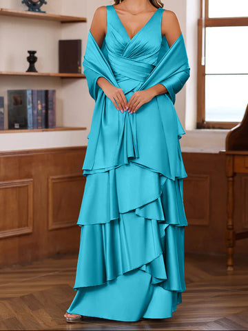 A-Line/Princess V-Neck Sleeveless Floor-Length Mother of the Bride Dresses With Ruffles & Wrap