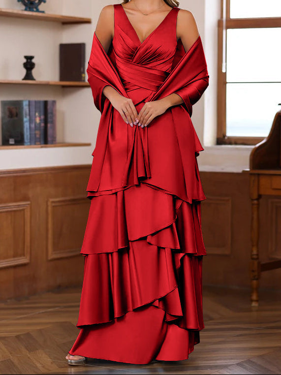 A-Line/Princess V-Neck Sleeveless Floor-Length Mother of the Bride Dresses With Ruffles & Wrap