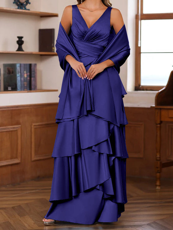 A-Line/Princess V-Neck Sleeveless Floor-Length Mother of the Bride Dresses With Ruffles & Wrap