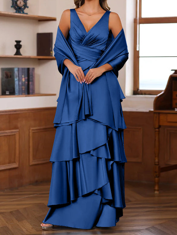 A-Line/Princess V-Neck Sleeveless Floor-Length Mother of the Bride Dresses With Ruffles & Wrap