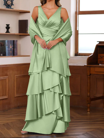 A-Line/Princess V-Neck Sleeveless Floor-Length Mother of the Bride Dresses With Ruffles & Wrap