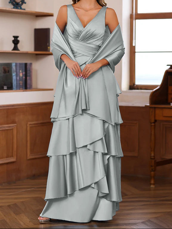 A-Line/Princess V-Neck Sleeveless Floor-Length Mother of the Bride Dresses With Ruffles & Wrap