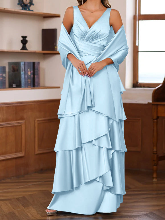 A-Line/Princess V-Neck Sleeveless Floor-Length Mother of the Bride Dresses With Ruffles & Wrap