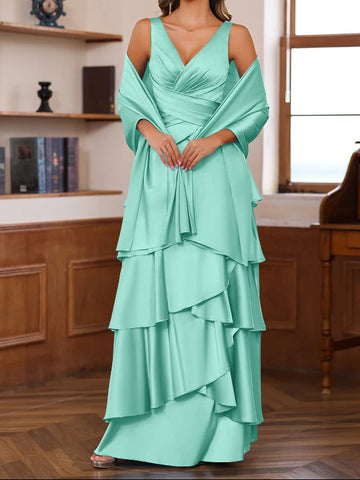 A-Line/Princess V-Neck Sleeveless Floor-Length Mother of the Bride Dresses With Ruffles & Wrap