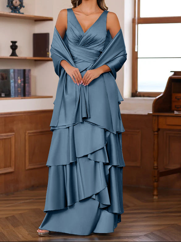 A-Line/Princess V-Neck Sleeveless Floor-Length Mother of the Bride Dresses With Ruffles & Wrap