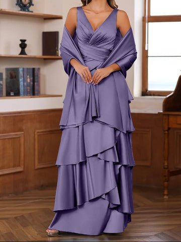 A-Line/Princess V-Neck Sleeveless Floor-Length Mother of the Bride Dresses With Ruffles & Wrap