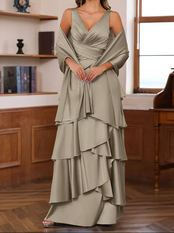 A-Line/Princess V-Neck Sleeveless Floor-Length Mother of the Bride Dresses With Ruffles & Wrap