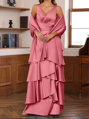 A-Line/Princess V-Neck Sleeveless Floor-Length Mother of the Bride Dresses With Ruffles & Wrap