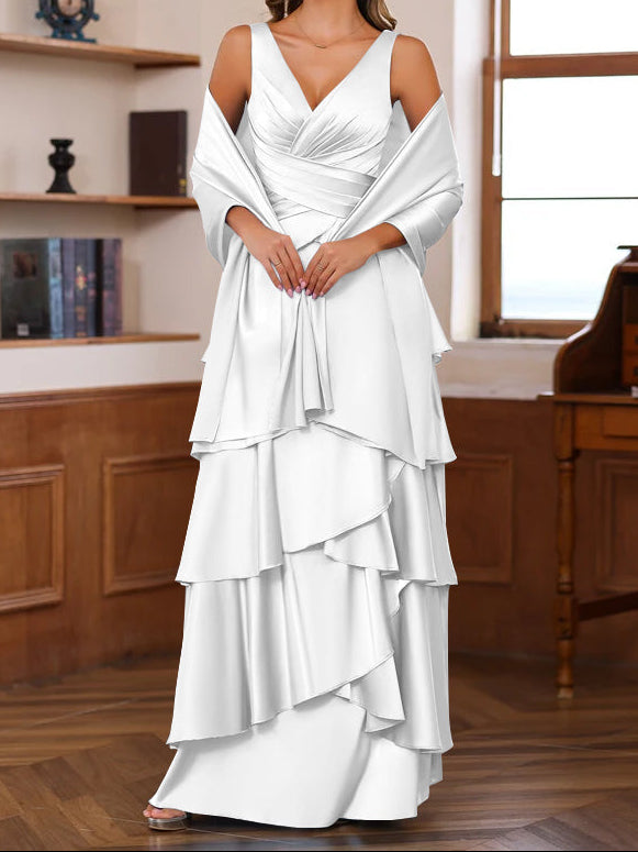 A-Line/Princess V-Neck Sleeveless Floor-Length Mother of the Bride Dresses With Ruffles & Wrap