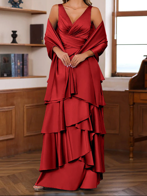 A-Line/Princess V-Neck Sleeveless Floor-Length Mother of the Bride Dresses With Ruffles & Wrap