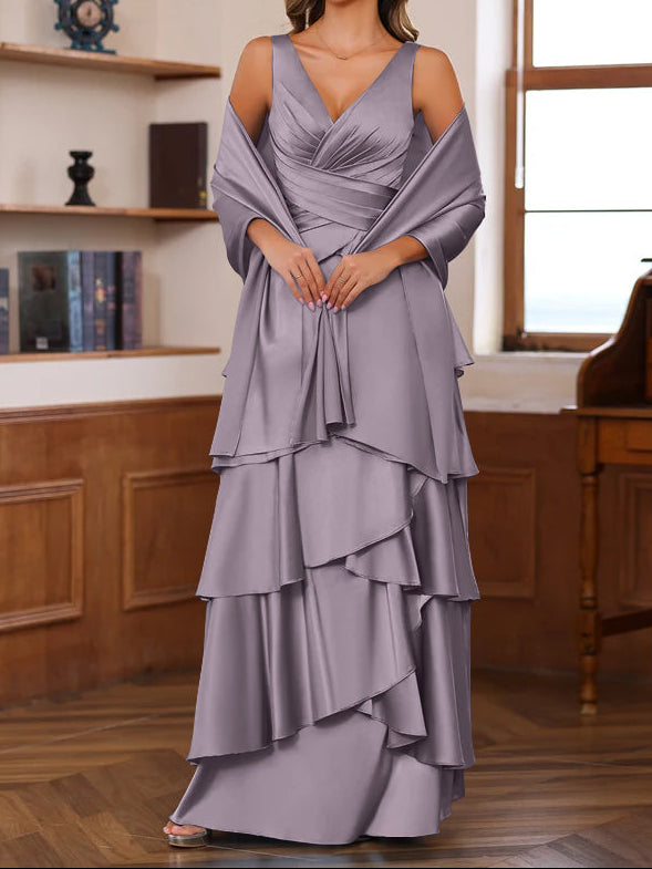 A-Line/Princess V-Neck Sleeveless Floor-Length Mother of the Bride Dresses With Ruffles & Wrap
