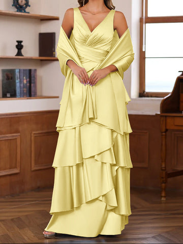 A-Line/Princess V-Neck Sleeveless Floor-Length Mother of the Bride Dresses With Ruffles & Wrap