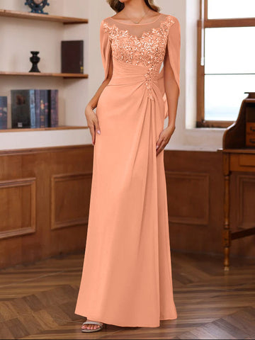 A-Line/Princess Scoop Floor-Length Mother of the Bride Outfits with Pleated & Sequins