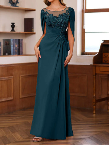 A-Line/Princess Scoop Floor-Length Mother of the Bride Outfits with Pleated & Sequins