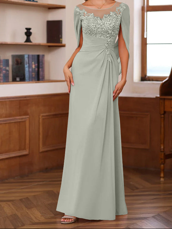 A-Line/Princess Scoop Floor-Length Mother of the Bride Outfits with Pleated & Sequins