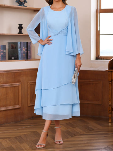 A-Line/Princess Scoop Neck 2 Pcs Tea-Length Mother of the Bride Dresses with Ruffles & jacket