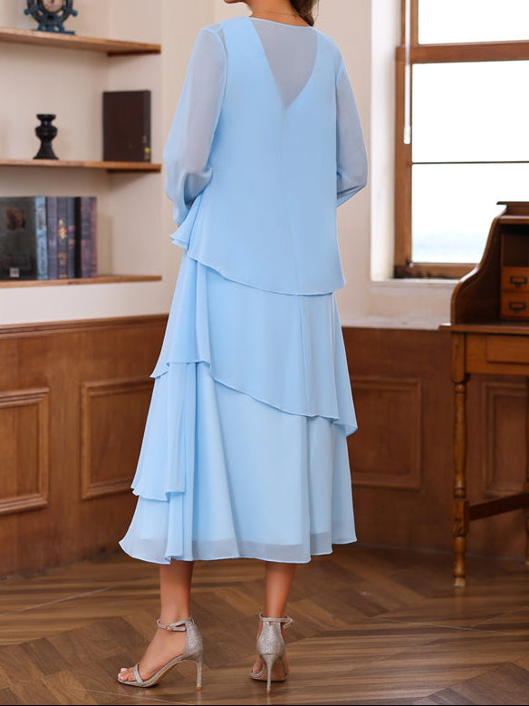 A-Line/Princess Scoop Neck 2 Pcs Tea-Length Mother of the Bride Dresses with Ruffles & jacket