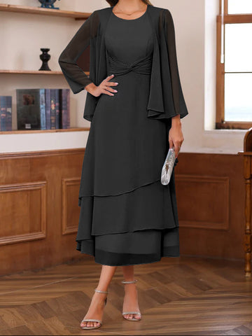 A-Line/Princess Scoop Neck 2 Pcs Tea-Length Mother of the Bride Dresses with Ruffles & jacket