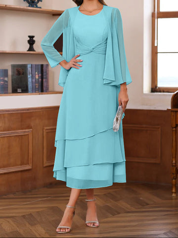 A-Line/Princess Scoop Neck 2 Pcs Tea-Length Mother of the Bride Dresses with Ruffles & jacket