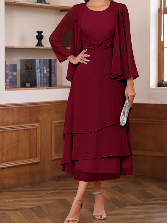 A-Line/Princess Scoop Neck 2 Pcs Tea-Length Mother of the Bride Dresses with Ruffles & jacket