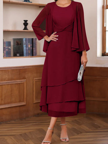 A-Line/Princess Scoop Neck 2 Pcs Tea-Length Mother of the Bride Dresses with Ruffles & jacket