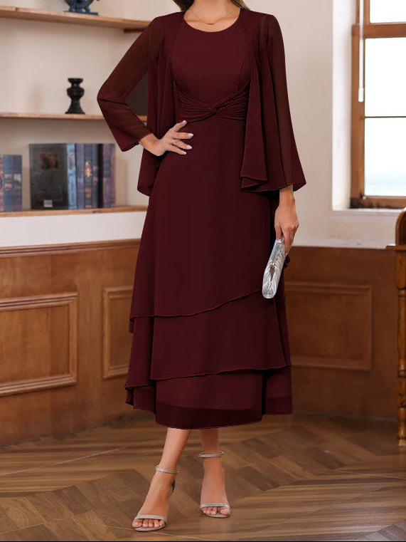 A-Line/Princess Scoop Neck 2 Pcs Tea-Length Mother of the Bride Dresses with Ruffles & jacket
