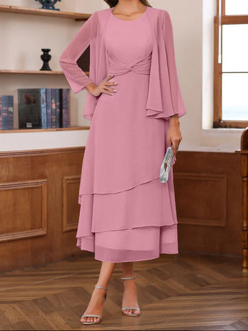 A-Line/Princess Scoop Neck 2 Pcs Tea-Length Mother of the Bride Dresses with Ruffles & jacket