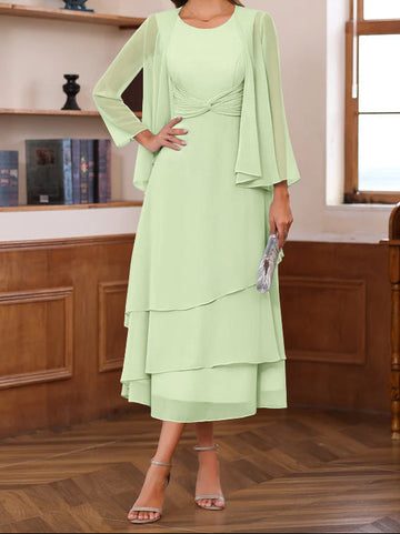 A-Line/Princess Scoop Neck 2 Pcs Tea-Length Mother of the Bride Dresses with Ruffles & jacket