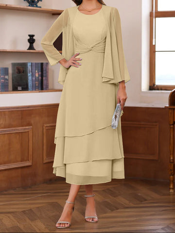 A-Line/Princess Scoop Neck 2 Pcs Tea-Length Mother of the Bride Dresses with Ruffles & jacket