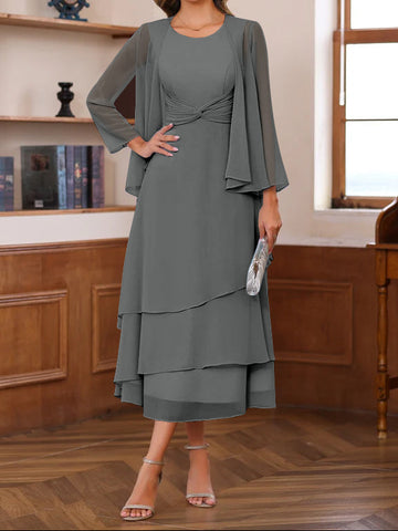 A-Line/Princess Scoop Neck 2 Pcs Tea-Length Mother of the Bride Dresses with Ruffles & jacket