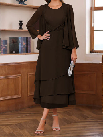 A-Line/Princess Scoop Neck 2 Pcs Tea-Length Mother of the Bride Dresses with Ruffles & jacket