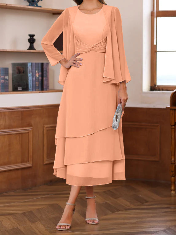A-Line/Princess Scoop Neck 2 Pcs Tea-Length Mother of the Bride Dresses with Ruffles & jacket