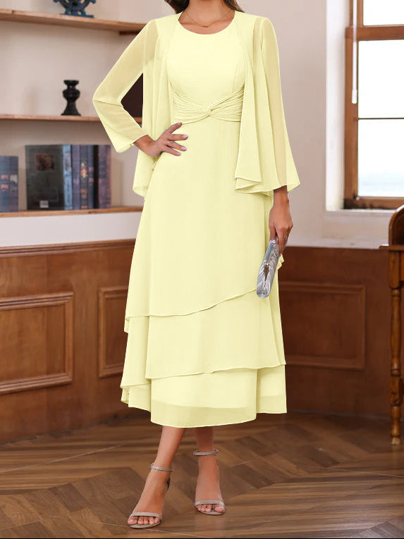 A-Line/Princess Scoop Neck 2 Pcs Tea-Length Mother of the Bride Dresses with Ruffles & jacket
