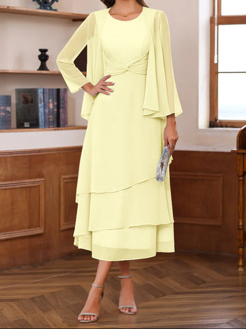A-Line/Princess Scoop Neck 2 Pcs Tea-Length Mother of the Bride Dresses with Ruffles & jacket