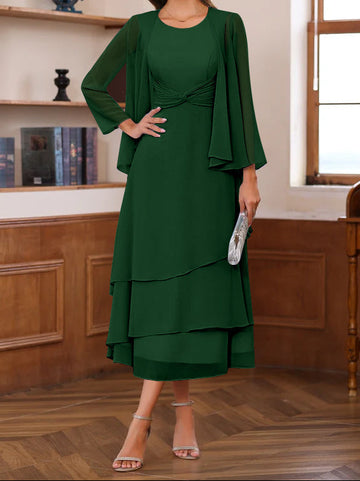 A-Line/Princess Scoop Neck 2 Pcs Tea-Length Mother of the Bride Dresses with Ruffles & jacket