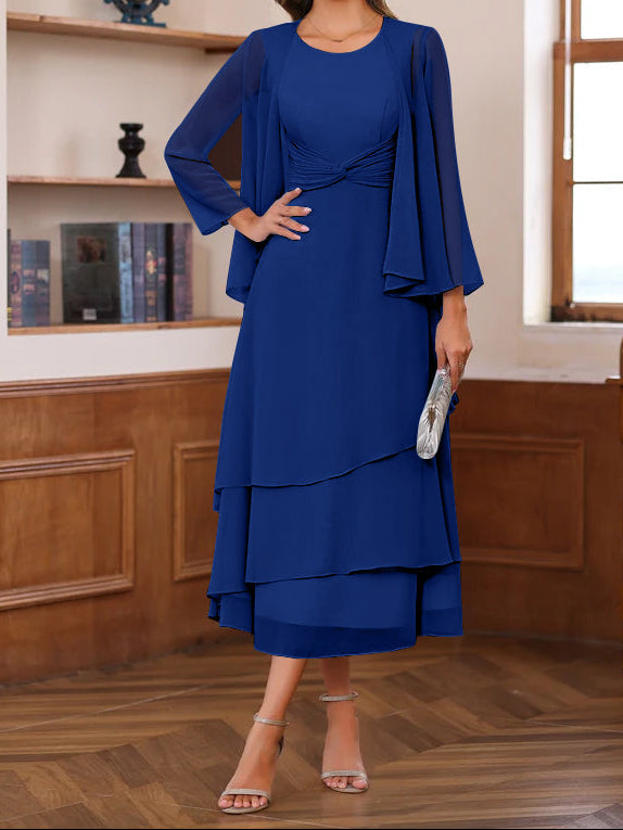 A-Line/Princess Scoop Neck 2 Pcs Tea-Length Mother of the Bride Dresses with Ruffles & jacket