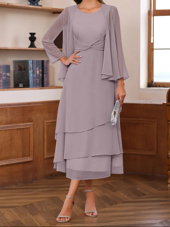 A-Line/Princess Scoop Neck 2 Pcs Tea-Length Mother of the Bride Dresses with Ruffles & jacket