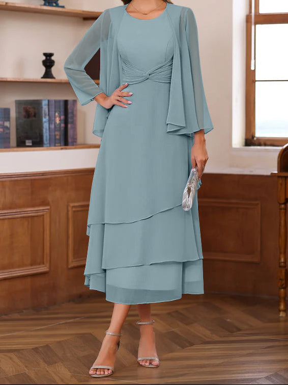 A-Line/Princess Scoop Neck 2 Pcs Tea-Length Mother of the Bride Dresses with Ruffles & jacket