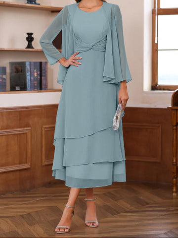 A-Line/Princess Scoop Neck 2 Pcs Tea-Length Mother of the Bride Dresses with Ruffles & jacket