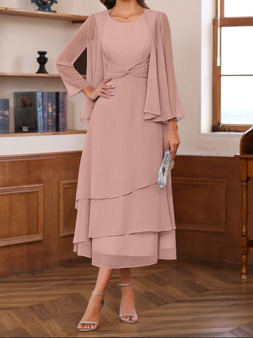 A-Line/Princess Scoop Neck 2 Pcs Tea-Length Mother of the Bride Dresses with Ruffles & jacket