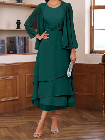 A-Line/Princess Scoop Neck 2 Pcs Tea-Length Mother of the Bride Dresses with Ruffles & jacket