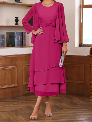 A-Line/Princess Scoop Neck 2 Pcs Tea-Length Mother of the Bride Dresses with Ruffles & jacket